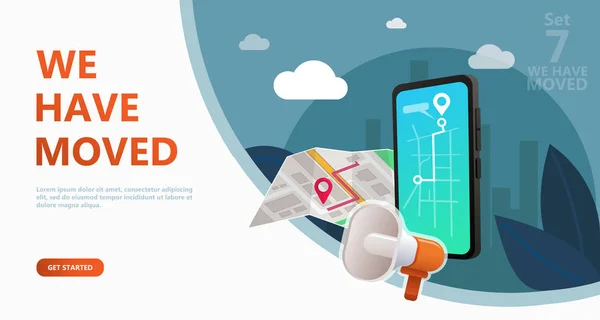 Vektör illüstrasyon kavramı taşındık. Yeni office simge konumu taşındık. Konumu duyuru iş ev Haritayı değiştirmek. Kullanmak için açılış sayfası, şablon, UI, web, mobil uygulaması, poster, afiş