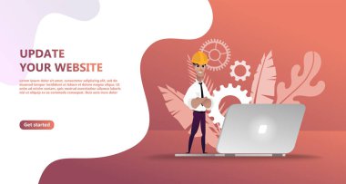 Bakım güncelleştirme sistem upgrate kavramı. Karakter tasarım insanlar güncelleme işlemi sistemi, açılış sayfası, şablon, el ilanı, mobil uygulaması, web, afiş, poster için kullanın. Bilgisayar yükseltme bakım