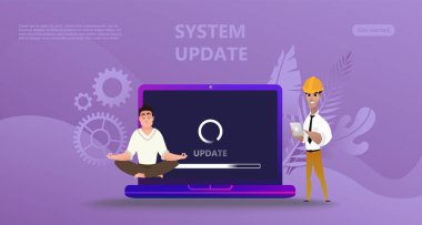 Bakım güncelleştirme sistem upgrate kavramı. Karakter tasarım insanlar güncelleme işlemi sistemi, açılış sayfası, şablon, el ilanı, mobil uygulaması, web, afiş, poster için kullanın. Bilgisayar yükseltme bakım
