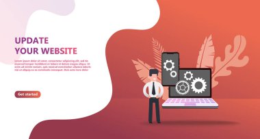 Bakım güncelleştirme sistem upgrate kavramı. Karakter tasarım insanlar güncelleme işlemi sistemi, açılış sayfası, şablon, el ilanı, mobil uygulaması, web, afiş, poster için kullanın. Bilgisayar yükseltme bakım