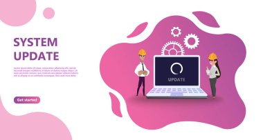 Bakım güncelleştirme sistem upgrate kavramı. Karakter tasarım insanlar güncelleme işlemi sistemi, açılış sayfası, şablon, el ilanı, mobil uygulaması, web, afiş, poster için kullanın. Bilgisayar yükseltme bakım