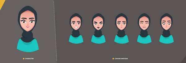 感情のアラブ女性少女文字セット アニメーションとモーションデザインのための若い漫画のキャラクターマン 漫画のスタイルで感情の顔を設定 — ストックベクタ