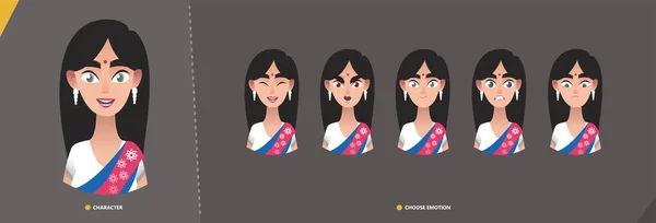 Indian Woman Girl Character Set Emotions Young Cartoon Character Man — Stock Vector