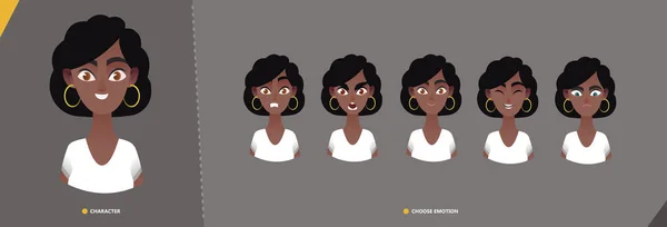 感情のアフロアメリカンウーマンキャラクターセット アニメーションとモーションデザインのための若い漫画のキャラクターマン 漫画のスタイルで感情の顔を設定 — ストックベクタ