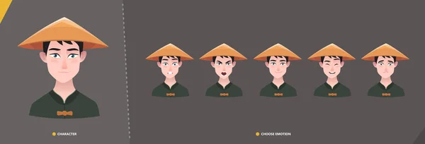 Chino Azian Hombre Carácter Conjunto Emociones Hombre Joven Personaje Dibujos — Vector de stock