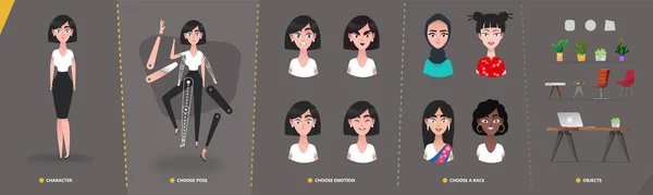 Cartoon Character Business Woman Girl Animation Motion Design Set Interior — Stock Vector