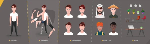 Animasyon ve hareket tasarımı için karikatür karakter adam. Düz karikatür tarzında iç nesneleri ayarlayın