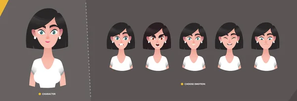 アニメーションとモーションデザインのためのビジネススタイルで若い漫画のキャラクター女性 漫画のスタイルで感情の顔を設定 — ストックベクタ