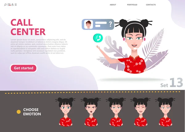 Conceptul Call Center Personaj Desene Animate Chineză Asiatic Femeie Sfătuiește — Vector de stoc