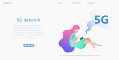 5g ağ kavramı. Çizgi film karakteri hızlı mobil internet lte kullanır. Kablosuz teknoloji vektör illüstrasyon. İş web şablonu veya mobil uygulama için küresel ağ teknolojisi kavramı kullanımı.