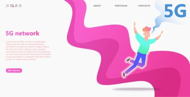 5g ağ kavramı. Çizgi film karakteri hızlı mobil internet lte kullanır. Kablosuz teknoloji vektör illüstrasyon. İş web şablonu veya mobil uygulama için küresel ağ teknolojisi kavramı kullanımı.