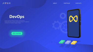 Devops iş açılış sayfası. Programcı, kullanıcı yöneticisi, profesyonel motor konsepti. Düz izometrik karikatür vektör illüstrasyon. Programlama geliştirme ve operasyon konseptinde akıllı telefon