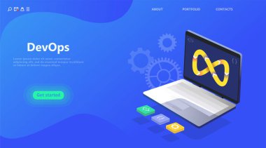 Devops iş açılış sayfası. Programcı, kullanıcı yöneticisi, profesyonel motor konsepti. Düz izometrik karikatür vektör illüstrasyon. Programlama geliştirme ve operasyon konseptinde dizüstü bilgisayar