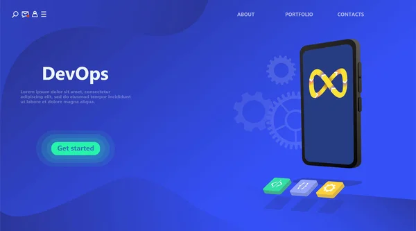 Devops 业务登录页 程序员 用户管理员 专业引擎概念 平面等轴测卡通矢量插图 智能手机在编程开发和操作概念 — 图库矢量图片