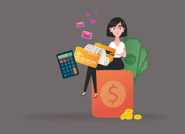 Online ödeme, güvenli para transferi. Bir kart tutan ve bir online cüzdan para transferi bir kadının karikatür karakteri. Sanal para transferi iş açılış sayfası şablonu