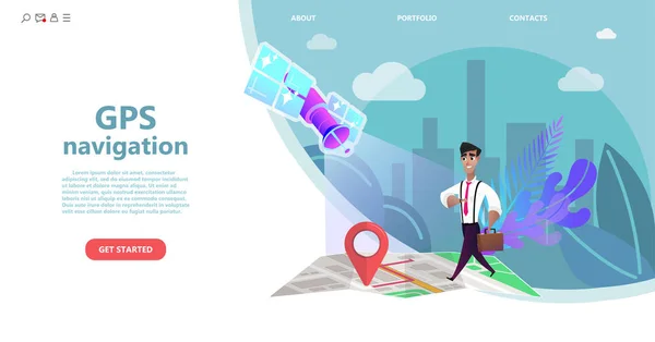 Navegação Gps Personagem Dos Desenhos Animados Homem Caminha Mapa Cidade —  Vetores de Stock