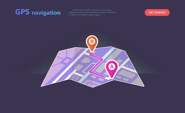 Konsept Gps navigasyonu, şehir haritasındaki nokta konumu. Uydu navigasyon sistemleri vektör illüstrasyonizole. Karanlık arka planda şehir haritasıcatoon stilinde A ve Point B noktası