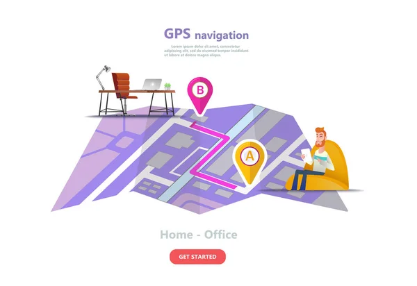 Navigation Gps Emplacement Point Sur Une Carte Ville Personnage Dessin — Image vectorielle