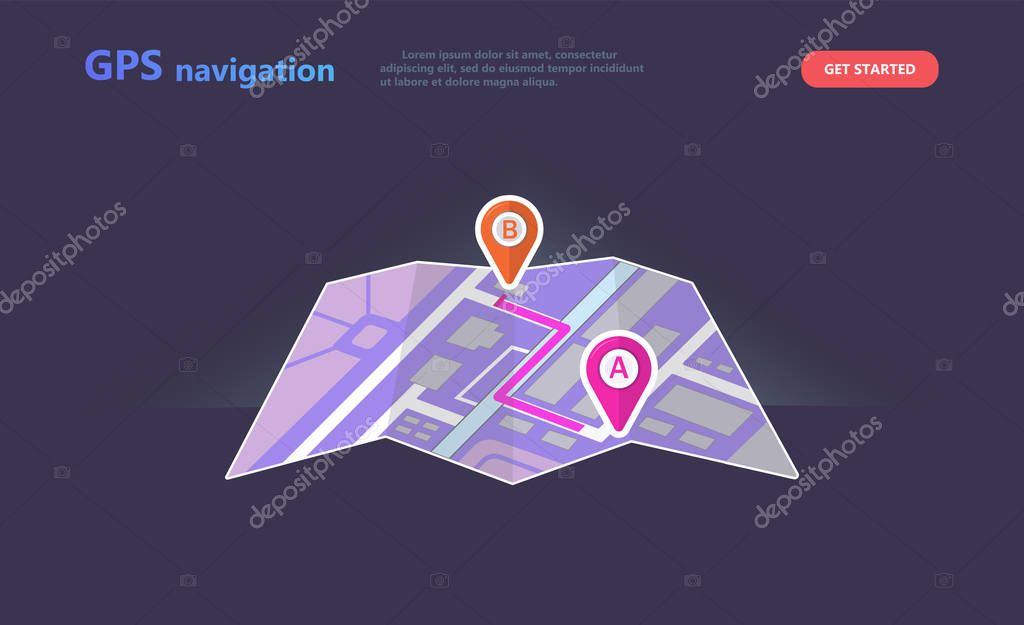 Concept GPS navigation, point location on a city map. Satellite navigation systems isolated vector illustration. Point A and Point B on city map catoon style on dark background