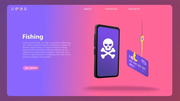 Internet izometrik vektör kavramı illüstrasyon yoluyla phishing. Kredi kartı kişisel bilgilerini hacklemek. Mobil veri güvenliği, online ödeme. Şifre doğrulama internet ile güvenli banka işlemi