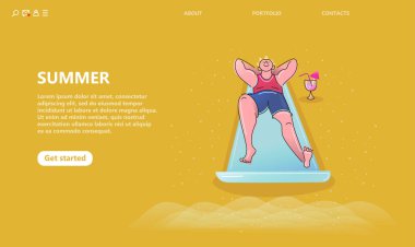 Plajda veya sahilde erkek karakter rahatlatıcı ve açık hava etkinlikleri gerçekleştirerek. Karikatür vektör illüstrasyon.