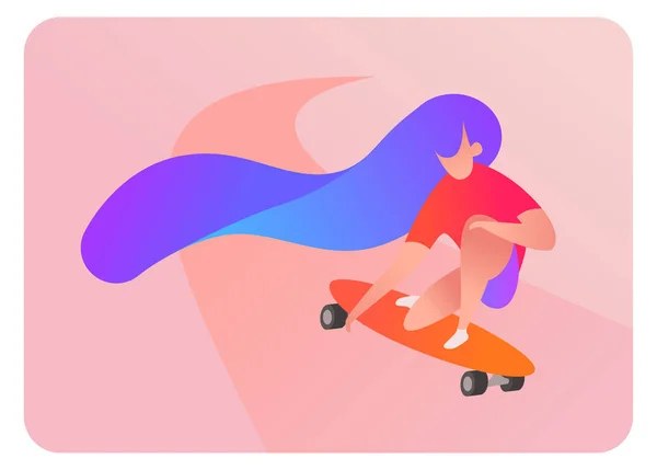Girl Rides Skateboard Female Cartoon Character Long Bright Hair Hairstyle — Stock Vector