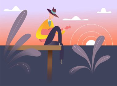 Günbatımında gitar çalan bir çizgi film karakteri. Şafakta romantik müzik. Okyanusun arka planında bir adamın silueti. İskeledeki şapkalı adam.