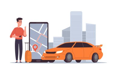 Mobil kamu taksi uygulaması modern konsept. İnternetten taksi çağırma, kira ve araba paylaşımı. Delikanlı, iniş sayfası, şablon, uygulama, poster ve afiş için taksi şoförü çizim konseptini bekle.