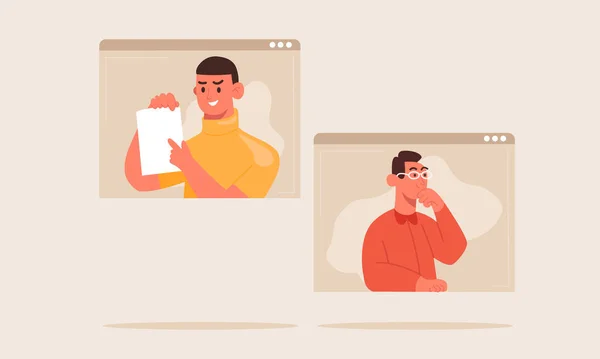 Video konferans ve internet iletişimi kavramı ve evden çalışma. Bilgisayar ekranındaki bir grup insan internetle konuşuyor. Takım toplantısı başlatıldı. Vektör illüstrasyon çizgi film biçimi