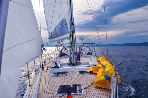 Rigging on a yacht.The yacht goes by the wind with a full sail in the Adriatic Sea, Montenegro, Europe