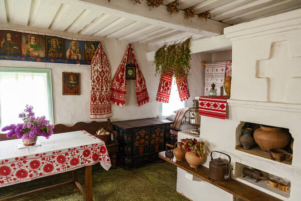 Pereyaslav-Khmelnitsky, Ukraine 20.May 2018. Traditional interior of the old Ukrainian hut in the museums of folk architecture, Pereyaslav-Khmelnitsky