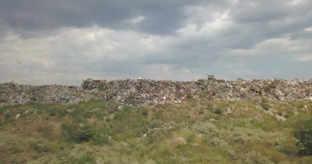 City Dump Outskirts City Yellow Houses Bulldozer Moves Landfill Leveling — Stock Video