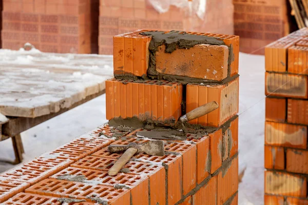 Primer Plano Albañilería Casa Ladrillo Ladrillo Rojo Construcción Del Área —  Fotos de Stock