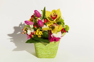 Beyaz arka planda taze çiçek laleleri, başpiskoposlar, kasımpatılar ve güllerden oluşan güzel bir düzenleme. 8 Mart, doğum günü, 14 Şubat bayramı için çiçekler.