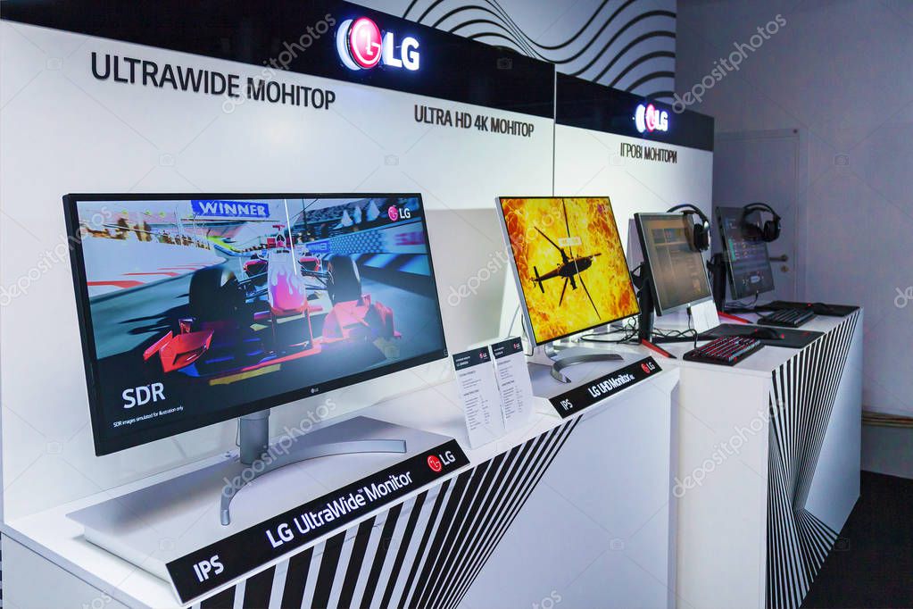 Kiev, Ukraine June 12, 2018: LG Company presents new home appliances TVs, refrigerators, washing machines, microwaves, telephones and music systems