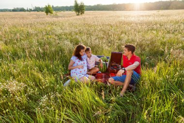 Mutlu bir aile doğada birlikte zaman geçirir. Güneşli bir yaz gününde tarladaki battaniyenin üzerinde oturuyorlar..