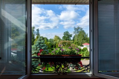 Pencerenin dışındaki saksılarda çok renkli çiçekler var.