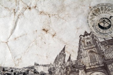 Prag, Çek Cumhuriyeti - St. Vitus Katedrali, Tyn Kilisesi, Prag Astronomik Saat, barut Kulesi'nin - Prag Panoraması arka planı ana dönüm noktası bileşimi.