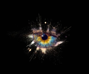 Su sıçramalarına, patlama ve siyah bir arka plan üzerinde izole damlayan boya şeklinde bir kadın göz yakın çekim yaratıcı fotoğraf kavramsal. Kadın göz yakın sprey boya ile çekim.