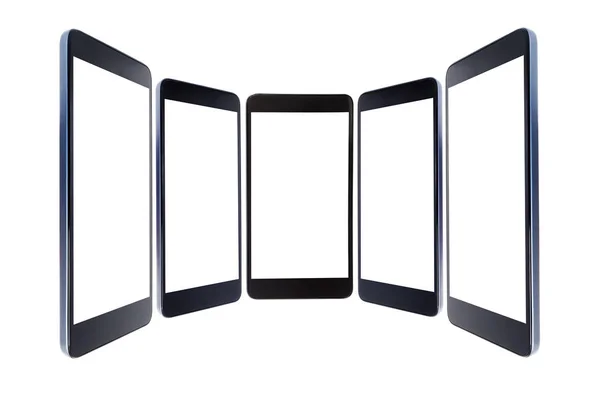 Vários Smartphones Pretos Close Semicírculo Isolado Fundo Branco Com Uma — Fotografia de Stock