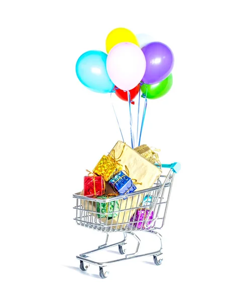 Panier Avec Des Ballons Hélium Colorés Débordant Boîtes Cadeaux Dans — Photo