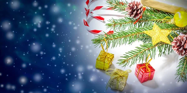 Hermoso Fondo Navidad Año Nuevo Con Ramas Árboles Navidad Juguetes —  Fotos de Stock