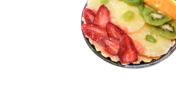 Fruit Cake Oranges Kiwi Grapes Pineapple Strawberries Closeup Isolated White — Stock Photo, Image