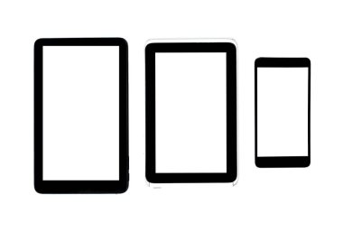 Modern tablet gadget'lar ile izole ekran beyaz arka plan üzerinde izole.