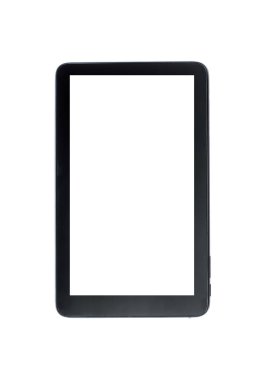 Modern tablet siyah renk yakın çekim ile izole perde beyaz arka plan üzerinde izole.
