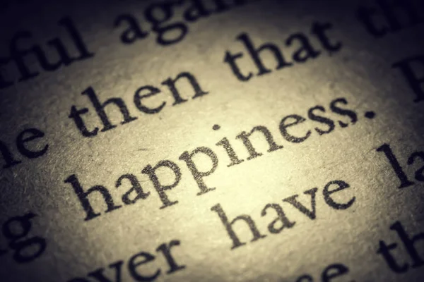 Λέξη Ευτυχία Στην Παλιά Σελίδα Ένα Ανοιχτό Βιβλίο Κοντινής Παλιάς — Φωτογραφία Αρχείου
