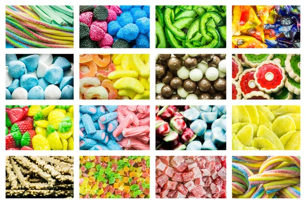 Bright collage of multi-colored jelly beans candies, sweet dried fruits and fresh sweet pastries. Bright background of sweets and dried fruits. — Stock Photo, Image