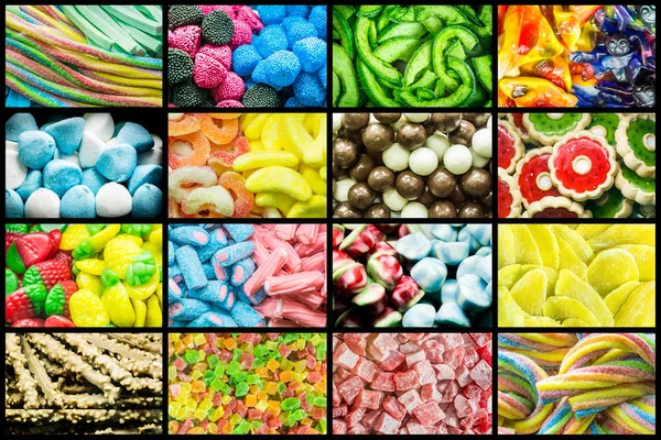 Heldere collage van multi-gekleurde taai snoepjes, zoet gedroogd fruit en verse zoete gebakjes. Heldere achtergrond van snoep en gedroogde vruchten. — Stockfoto