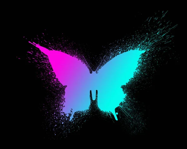 Butterfly silhouet met verf spatten en blots met een mooie veelkleurige en heldere gradiënt, geïsoleerd op een zwarte achtergrond. — Stockfoto