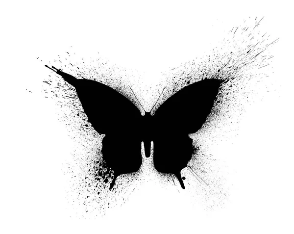 Black silhouette of a butterfly with paint splashes and blots, isolated on a white background. — Stock Photo, Image